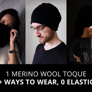 May include: A black merino wool toque, shown being worn in four different ways. The text on the image reads "1 Merino Wool Toque 4+ Ways to Wear, 0 Elastics".