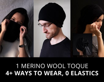 Classic Black 100% Merino Wool Beanie, Face Mask, Neck Gaiter w/ Pocket - The Versa Toque | Lightweight, 2-Ply, Temperature Regulating