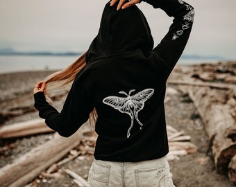 Luna Moth Zip Up Unisex Hoodie Black Heather