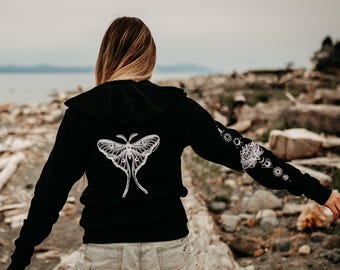 Luna Moth + Lotus Chakra Unisex Zip Hoodie in Black