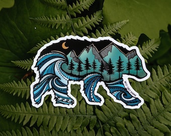 Nature Bear Vinyl Sticker – Waterproof Mountain Forest Bear Decal for Laptop, Car, Water Bottle, Adventure Gift for Nature Lovers