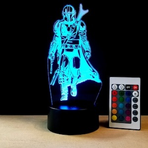 Mando Edge lit acrylic 3D Illusion lamp with multi-color light and remote control - Star Wars Mandalorian fan art engraving decor