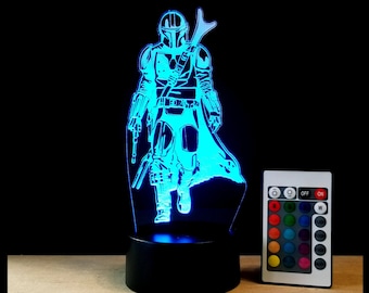 Mando Edge lit acrylic 3D Illusion lamp with multi-color light and remote control - Star Wars Mandalorian fan art engraving decor