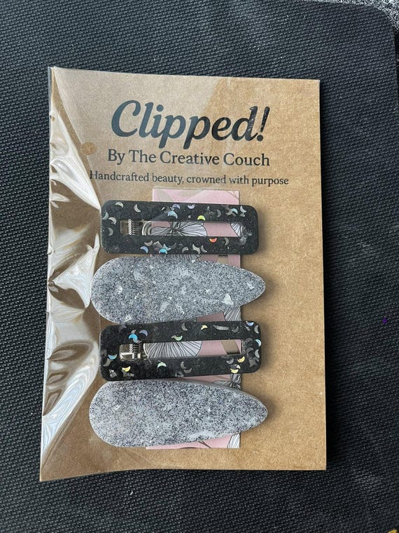Handmade Epoxy Resin Hair Clip - Black Magic Glitter Design