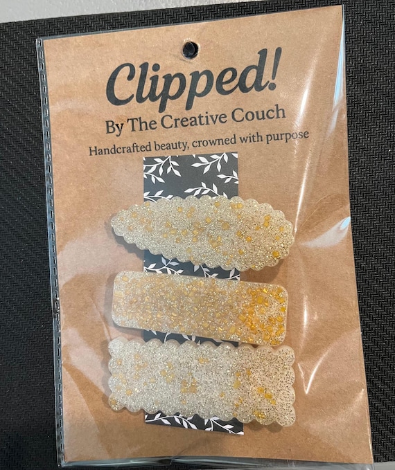 Handmade Epoxy Resin Hair Clip: Golden Glitter Stainless Steel