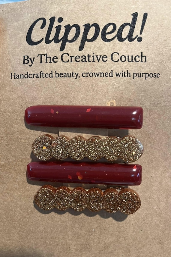Burgundy Glitter Epoxy Hair Clip: Handmade Stainless Steel