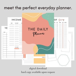 Peut inclure: Un planificateur numérique avec un design abstrait rose, vert et jaune. Le texte "THE DAILY Planner" est écrit en cursive noire. Le planificateur comprend des sections pour les revenus, les économies et les tâches quotidiennes.