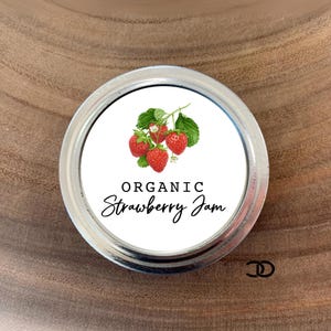 Etykieta na dżem truskawkowy organiczny, 2-calowa, okrągła, na słoik typu Mason (do pobrania w wersji cyfrowej)