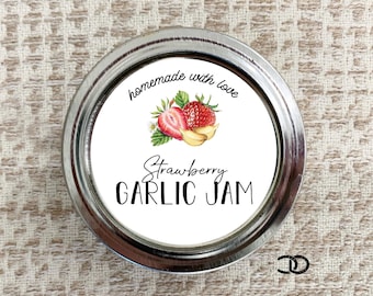 Strawberry Garlic Jam Canning Label 2" Round Mason Jar Lid Sticker (Instant Download)