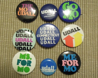 Lot of 9 Vintage 1976 President Mo Udall Political Campaign Pinback Buttons