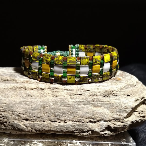 Bracelet manchette perles tila jaune picasso, ivoire, olive gold, moutarde