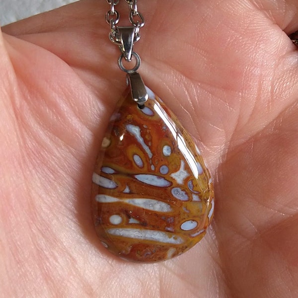 Pendentif/collier agate palme indonésien de 33x20mm chaîne acier inoxydable ou cordon noir ciré