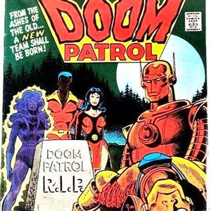 May include: Comic book cover for "Showcase Presents The New Doom Patrol" with a team of costumed heroes. The cover has a red and yellow title, with characters in vibrant colours, and a tombstone that reads "Doom Patrol R.I.P."
