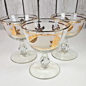 Conjunto de 3 taças de vinho foscas Libbey Gold Leaf Vintage Mid Century Barware
