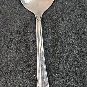 May include: A silver spoon with a rounded bowl and a long, decorated handle. The spoon is made of a shiny, reflective metal and is set against a dark, textured background. The handle features an ornate floral design.