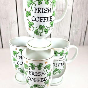 Vintage Irish Coffee Footed Mugs Set of 4 Shamrocks Gold Trim 8oz Ceramic