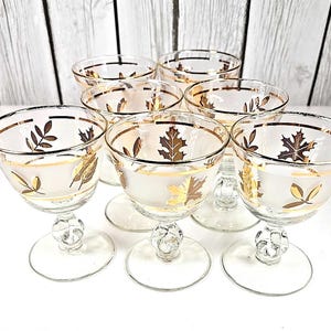 Conjunto de taças de vinho foscas Libbey Gold Leaf de 4 onças, taças de vinho de meados do século VTG