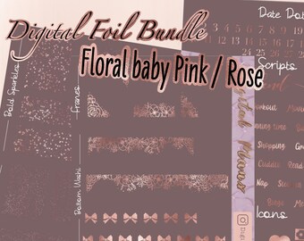 Floral rose gold baby pink Digital Foil Bundle | GoodNotes file | PNG transparent Digital Stickers | Digital Weekly Kit Essential