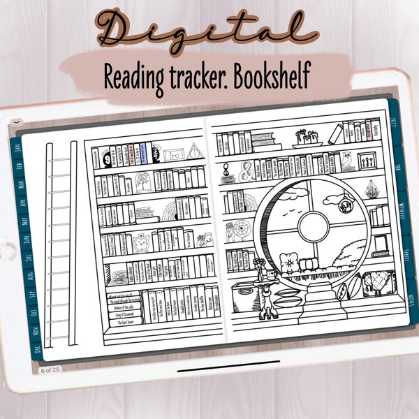 Bookshelf Reading Tracker, PNG stickers TBR Tracker Book , Journal Book Tracker, Reading Log Journal, Reading Planner. Digital Books