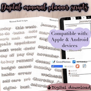 Op de afbeelding: Een digitale planner-scriptset met een verscheidenheid aan woorden en zinnen in een minimalistische stijl. De scriptset is compatibel met Apple- en Android-apparaten. De woorden omvatten "vandaag", "deze week", "januari", "te doen", "taken", "notitie", "maart", "werk", "post", "huishoudelijke taken", "augustus", "doelen", "afspraak", "volgende week", "declu", "september", "vrije dag", "betaaldag", "november", "kopen", "remem", "december", "budget", "annuleren", "maandag", "dinsdag", "gewoonten", "klusje", "woensdag", "zelfzorg", "pri", "donderdag", "vrijdag", "digitaal", "busi", "zaterdag", en "zondag".