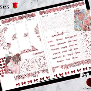 Floral / Roses in Cherry Red Digital Foil Bundle | GoodNotes file | PNG transparent Digital Stickers | Digital Weekly Kit Essential