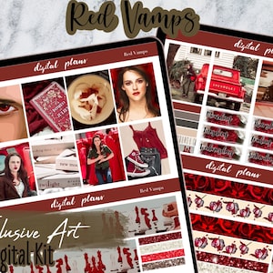 May include: Digital planner kit with a red, white, and black color scheme. The kit includes digital stickers, planner pages, and a variety of other digital elements. The kit features images of a red car, a book, and a woman with red hair.
