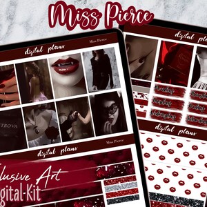 May include: Digital planner kit with a vampire theme. The kit includes a variety of digital stickers, patterns, and backgrounds. The colors are red, black, and white.