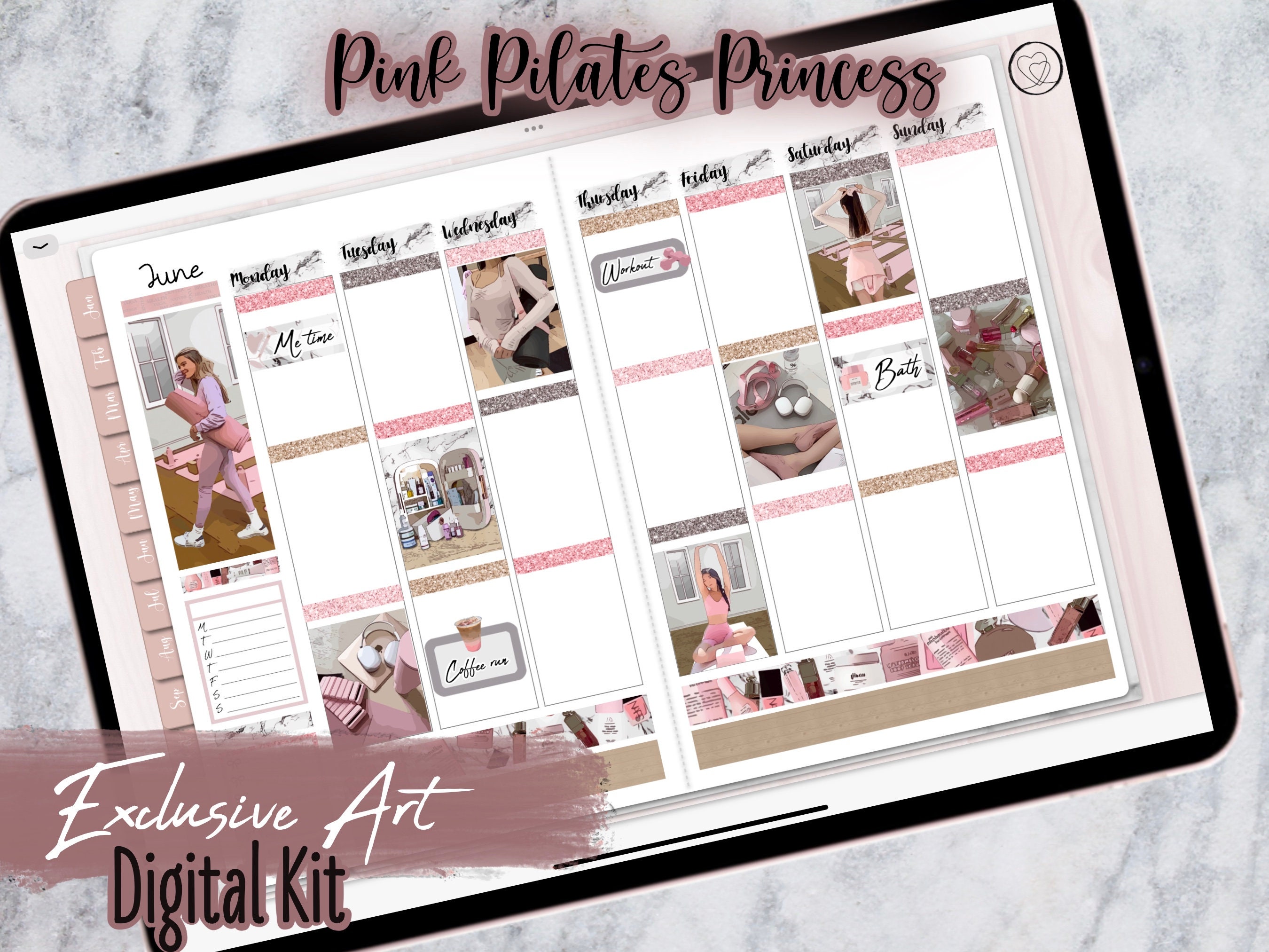Pink Pilates Princess Digital Weekly Kit Perfect for Memory Planning in Vertical  Layouts. Pink Kit. Fitness Stickers. Yoga. Weekly Planner 