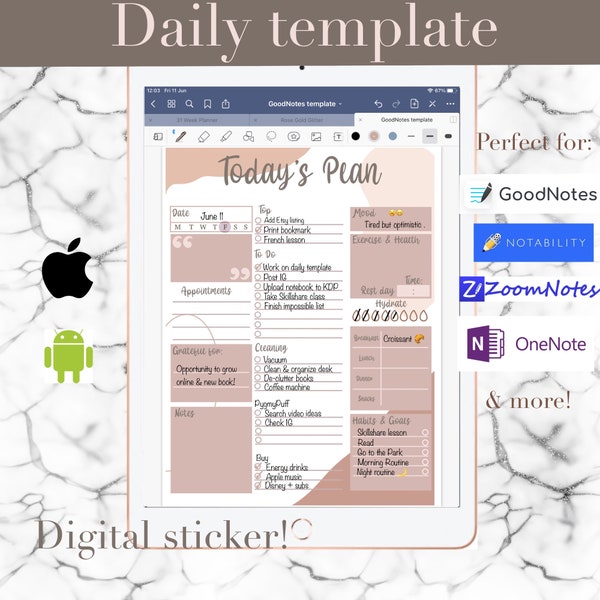 Digital Daily Template | Today’s Plan | Daily Tracker Planner Modern and Minimalistic Design |To Do, water intake, top 3, cleaning, app