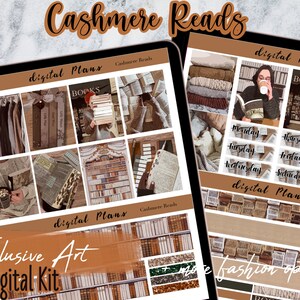 May include: Digital planner stickers featuring a brown and cream colour scheme with images of books, sweaters, and coffee. The text "digital plans" and "Cashmere Reads" appears on the stickers.