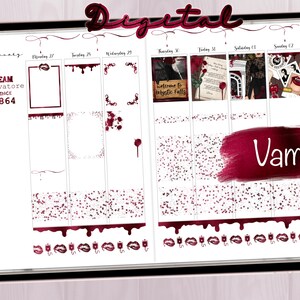 Op de afbeelding: Een digitale plannerpagina met een vampierthema. De pagina bevat een kalender voor de maand januari, een titel die zegt "Team Salvatore Since 1864", en verschillende decoratieve elementen, waaronder een druipende bloedrand, een bord met de tekst "Welkom in Mystic Falls" en een speelkaart met een vampier erop.