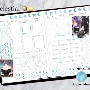 May include: A weekly planner with a celestial theme. The planner has a blue and silver foil design with moons, stars, and constellations. The planner is open to the week of January 27th to February 2nd. The text "Celestial" is at the top of the planner. The text "Foil color" is at the bottom of the planner with a baby blue color swatch.