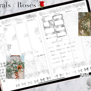 Digitala klistermärken med silverblommor i rosor: GoodNotes PNG veckokit (digital nedladdning)