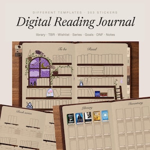 May include: A digital reading journal template featuring 353 stickers. The layout includes a To be Read page with illustrated bookshelves, a window, and plants, plus pages for book series, a library, and inventory with blank book outlines.