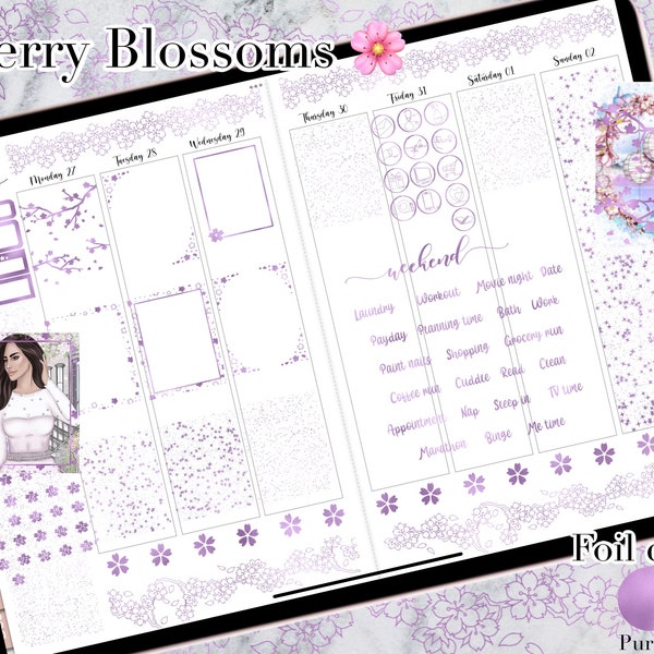 Cherry Blossoms Digital Foil Bundle in Purple for Digital Planning on Weekly Kits. Made for Erin Conred Vertical Style Layouts