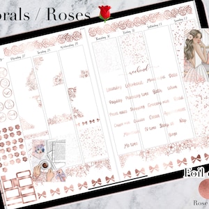 Floral / Roses in Rose Gold Digital Foil Bundle | GoodNotes file | PNG transparent Digital Stickers | Digital Weekly Kit Essential