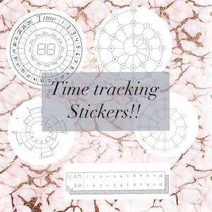 May include: A collection of black and white time tracking stickers with various designs, including circular and linear layouts. The stickers feature numbers, months, and the text "Time tracking Stickers!!" on a marble background.