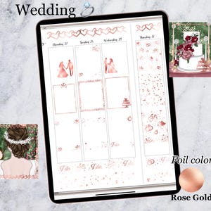 May include: A digital planner page with a wedding theme. The page has a calendar with the days of the week, Monday through Thursday, and the dates 27, 28, 29, and 30. The page also has a variety of stickers, including a bride and groom, a wedding cake, and the words "I do". The planner page is decorated with a rose gold foil pattern.
