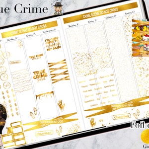 Pacote de folha digital True Crime In Gold | Adesivos digitais transparentes PNG | Kit Semanal Digital Essencial