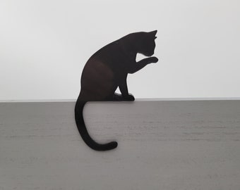 Cute Long Tail Cat Grooming Itself 2d Silhouette Home Decor Art | Picture Frame Topper, Desk, Shelf Statue Decoration | Gift for Kitty Lover