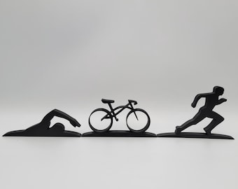 Set beeldjes triatlon in silhouetstijl | Ironman standbeeld decoratie woondecoratie | Vier je prestatie na de race! Cadeau voor sporter!