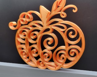 Swirly Pumpkin Minimalist Design Art Piece | Picture Frame Statue Decoration | Simple Line Drawing Style Home Fall Decor | Silhouette Shadow