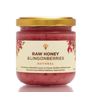 Earthbreath Raw Honey & Lingonberries - 250g - Unpasteurized - Pure Natural Jam Alternative - No Additives, Sugar Free - Fresh berries