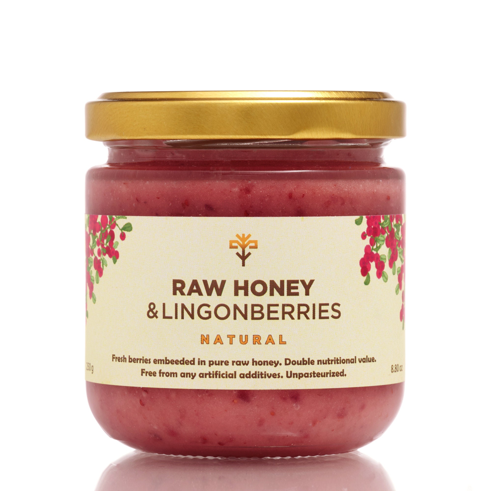 Earthbreath Raw Honey & Lingonberries - 250g - Unpasteurized - Pure Natural Jam Alternative - No Additives, Sugar Free - Fresh berries