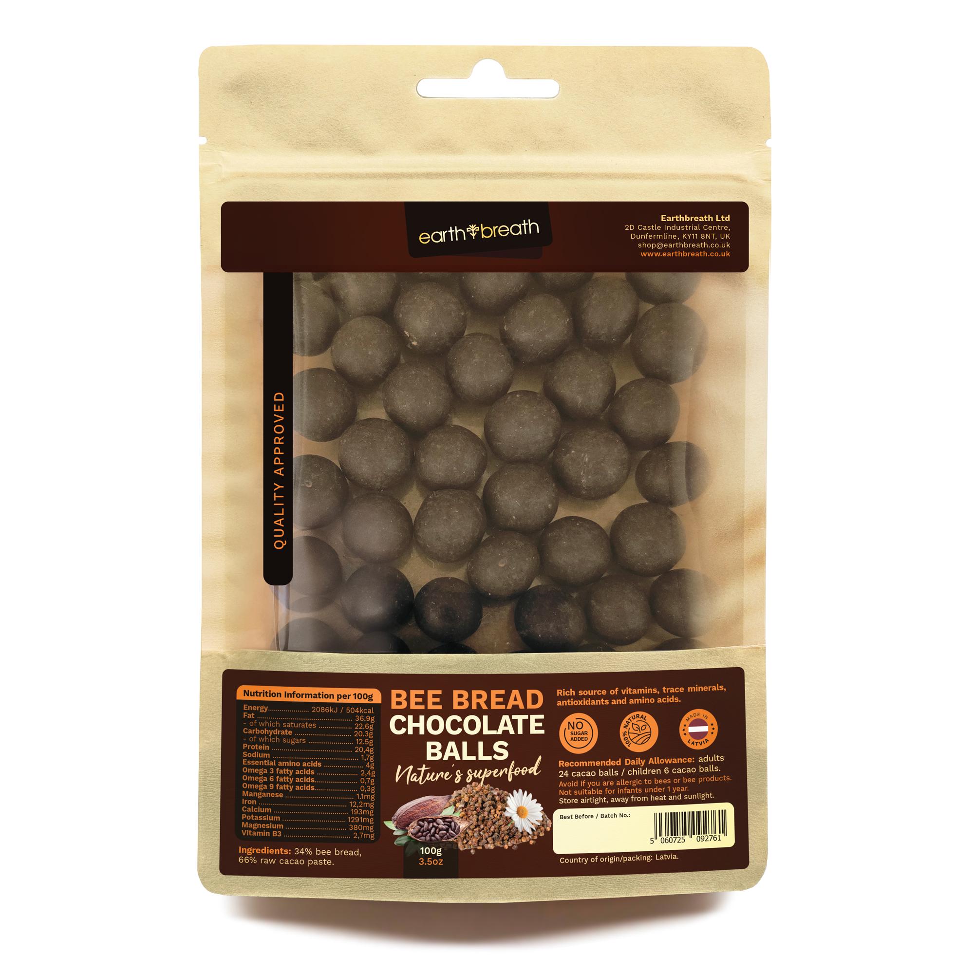 Earthbreath Bee Bread Chocolate Balls 100g - unsweetened, unpasteurized, free from artificial additives or preservatives.