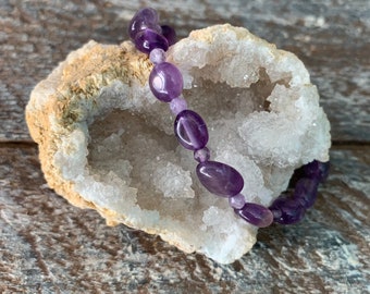 Beaded Bracelet - Amethyst Smooth and Faceted - Healing Crystal Jewelry February Birthstone