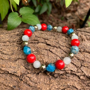 Batik Inspired Beaded Bracelet - Apatite Aquamarine Red Bamboo Coral Pyrite Crystal Healing Bracelet