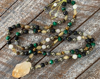 Citrine Tiger Eye Golden Black Rutile Pyrite Mala - Prayer Beads - Meditation - Mindfulness - Beaded Jewelry