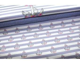 Sommersweat kleine Anker mit Blumen auf blauen Streifen French Terry