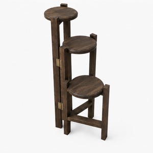 Handmade 3 Tier Wooden Plant Stand | Solid Pine Plant Shelf | Indoor Plant Display | Stain -Dark Walnut | Foldable Plant Stand | No Assembly